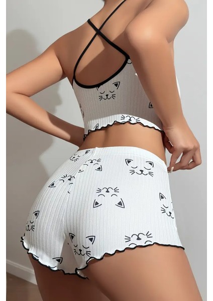 Yavru Kedi Baskılı Askılı Şortlu Pijama Takımı fiyatları