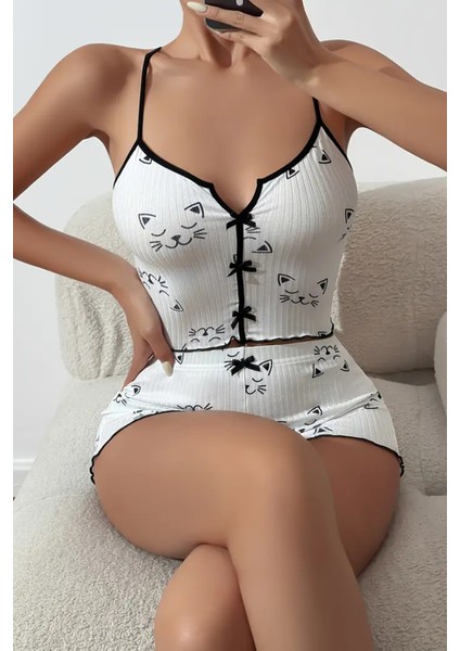 Yavru Kedi Baskılı Askılı Şortlu Pijama Takımı modelleri