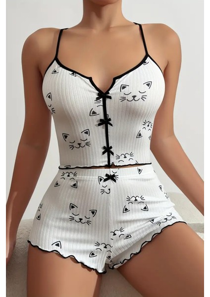Yavru Kedi Baskılı Askılı Şortlu Pijama Takımı indirimleri