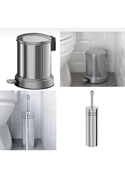 Çöp Kovası & Tuvalet Fırçası - Paslanmaz Çelik 4 Litre Gri