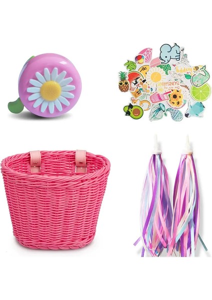 Bisiklet Sepeti Çocukları El Dokuması Bisiklet Sepeti Bisiklet Ön Gideri Kargo Pannier Çan Püskül Çıkartmalar Set Bisiklet Sepetleri Renk: 4pcs Pembe (Yurt Dışından)