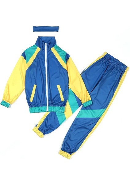 Çocuklar Erkek ve 80S 90'lar Spor Giyim Takım Elbise Retro Disko Hip Hop Kostüm Moda Patchwork Uzun Kollu Fermuar Ceket Pantolonları Renk: Mavi/çocuk Boyutu: S 4-6y (Yurt Dışından)