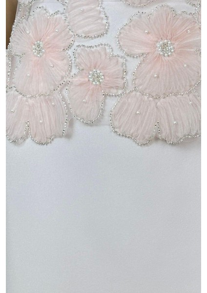 G1503 Çiçek Detaylı Tasarım Abiye Elbise Pudra indirimleri