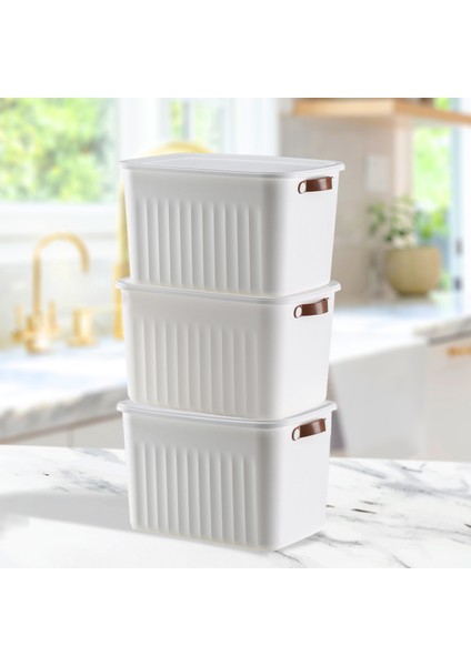 Dekoratif Saklama Kutusu, Çok Amaçlı Düzenleyici, Banyo Mutfak Organizer, Kapaklı Kutu, Beyaz 3'lü modelleri