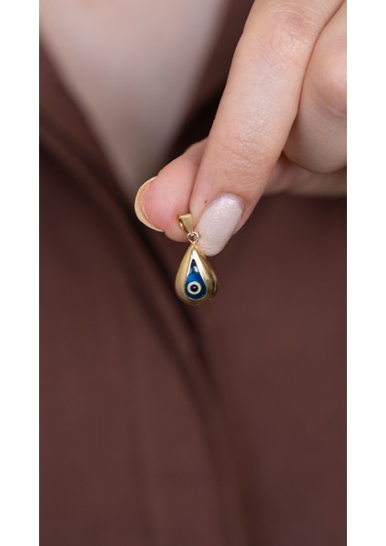 14 Ayar Altın Damla Model Göz Boncuk Kolye Ucu