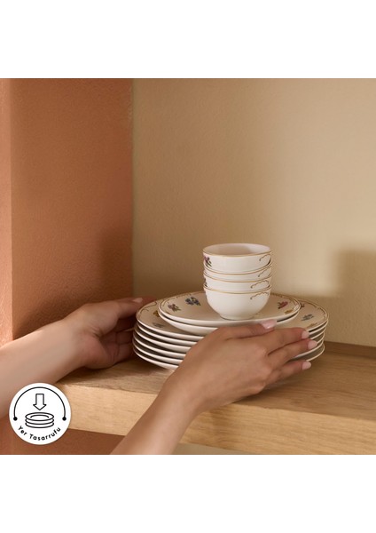 Forever Bone Natty 6 Kişilik 26 Parça Yuvarlak Desenli New Bone Porselen Kahvaltı Takımı