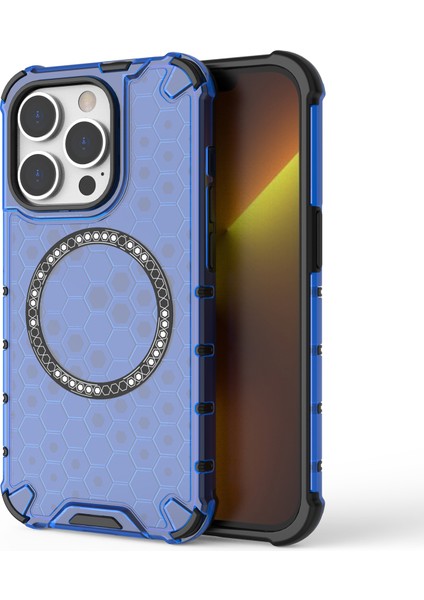 iPhone 13 Pro Manyetik Kılıf Petek Tasarım Kalınlaştırılmış Köşeler Tpu+Pc Telefon Kılıfı-Mavi (Yurt Dışından)