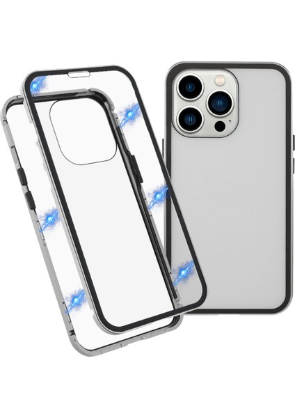 Metal Çerçeve + Çift Taraflı Temperli Cam Tam Kapsama Manyetik Emilim Telefon Kabuğu Kılıfı iPhone 13 Pro Max 6.7 Inç - Gümüş (Yurt Dışından)