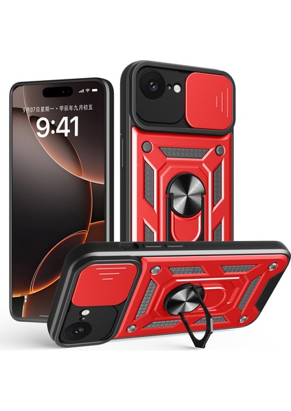 iPhone 16E Kılıfı Için Kayar Kamera Kapağı Pc+Tpu Ayaklı Telefon Kılıfı-Kırmızı (Yurt Dışından)