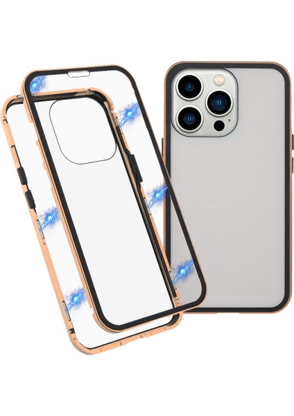 Metal Çerçeve + Çift Taraflı Temperli Cam Tam Kapsama Manyetik Emilim Telefon Kabuğu Kılıfı iPhone 13 Pro Max 6.7 Inç - Altın (Yurt Dışından)