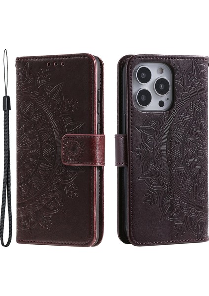 iPhone 15 Pro Max Mandala Çiçek Baskılı Telefon Kılıfı Pu Deri Cüzdan Standı Folio Kılıf Kayışlı-Kahverengi (Yurt Dışından)
