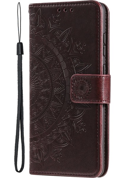 iPhone 15 Pro Max Mandala Çiçek Baskılı Telefon Kılıfı Pu Deri Cüzdan Standı Folio Kılıf Kayışlı-Kahverengi (Yurt Dışından) fırsatları