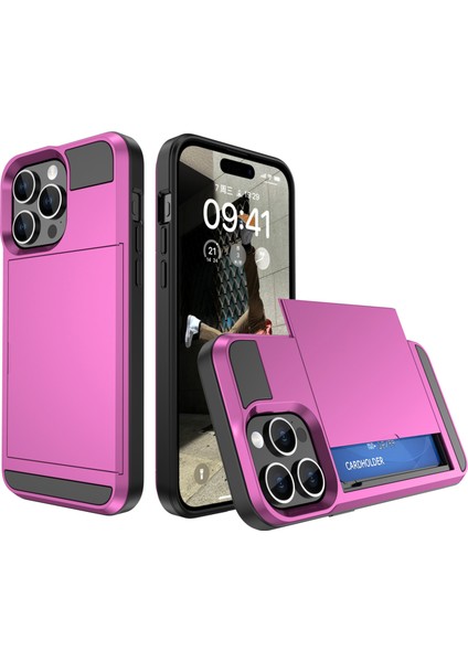 iPhone 15 Plus Için Kayar Kart Tutucu Telefon Kılıfı, Düşmeye Karşı Dayanıklı Pc+Tpu Arka Kapak-Pembe (Yurt Dışından)