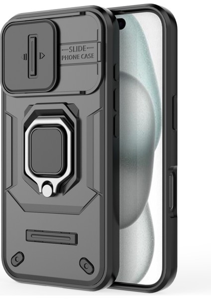 iPhone 16 Kılıf Halkalı Kickstand Pc+Tpu Telefon Kılıfı Lens Kalkanı Ile-Siyah (Yurt Dışından) modelleri