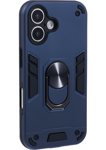 iPhone 16 Kılıfı Pc+Tpu Drop Defend Telefon Kılıfı Halkalı Ayaklı-Mavi (Yurt Dışından)
