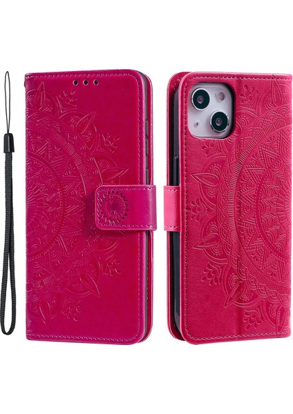 iPhone 14 6.1 Inç Baskılı Mandala Çiçek Desenli Katlanır Stand Pu Deri Kılıf Manyetik Tokalı Cüzdan Kapaklı Kayışlı-Gül (Yurt Dışından)