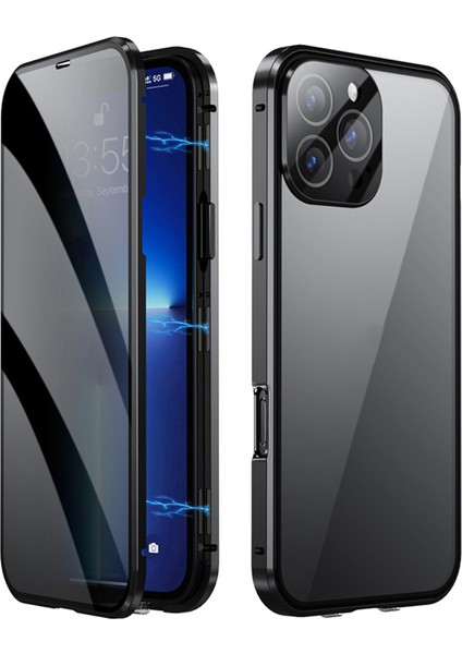 iPhone 16 Pro Kılıf Anti-Casus Çift Taraflı Temperli Cam + Manyetik Metal Çerçeve Telefon Kılıfı-Siyah (Yurt Dışından)