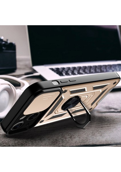 iPhone 13 6.1 Inç Için Tam Koruyucu Kamera Sürgülü Telefon Kılıfı Arka Kabuk Kickstand ile - Altın (Yurt Dışından) indirimleri
