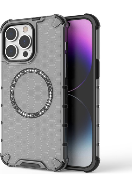 iPhone 14 Pro Max Kılıf Honeycomb Tpu+Pc Telefon Kılıfı Magsafe-Gri ile Uyumlu (Yurt Dışından)