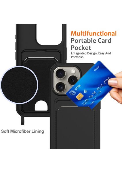 iPhone 16 Pro Max Kılıf Sıvı Silikon Kart Tutucu Telefon Arka Kapağı Kordonlu-Siyah (Yurt Dışından) fırsatları