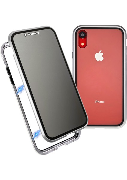 iPhone Xr 6.1 Inç Gizlilik Manyetik Kılıf Gözetleme Önleyici Çift Taraflı Temperli Cam + Metal Tampon Çerçeve Tam Koruyucu Telefon Kılıfı-Gümüş (Yurt Dışından)