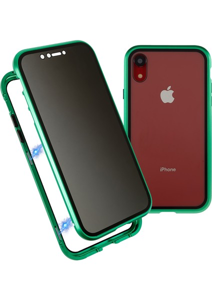 iPhone Xr 6.1 Inç Gizlilik Manyetik Kılıf Gözetleme Önleyici Çift Taraflı Temperli Cam + Metal Tampon Çerçeve Tam Koruyucu Telefon Kılıfı-Yeşil (Yurt Dışından)