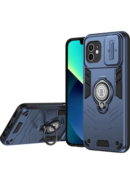 iPhone 12 Kılıfı Pc+Tpu Telefon Koruyucu Kickstand ve Kayar Lens Kapağı-Mavi (Yurt Dışından)