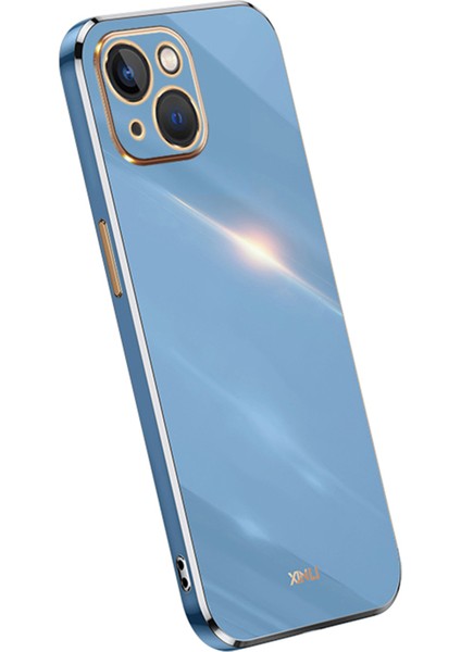 Xınlı iPhone 15 Plus Elektrokaplama Altın Kenarlı Çizilmez Telefon Kılıfı Tpu Arka Kapak-Mavi (Yurt Dışından)