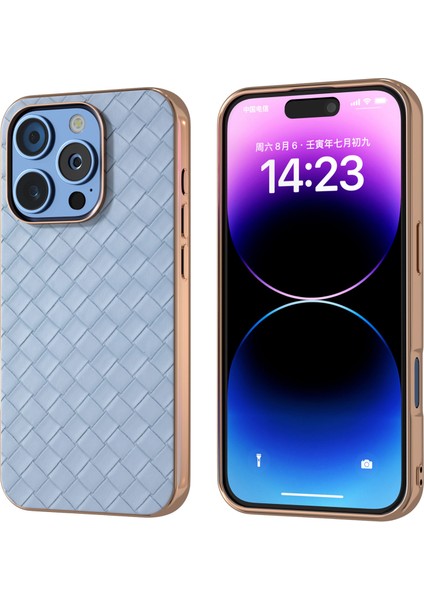 iPhone 16 Pro Kılıf Dokuma Doku Elektrokaplama Kenar Deri Kaplamalı Pc+Tpu Telefon Kılıfı-Bebek Mavisi (Yurt Dışından)