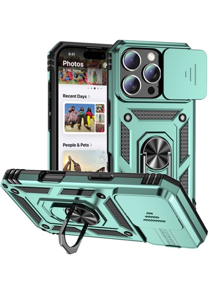 iPhone 16 Pro Max Kılıf Halka Destekli Kayar Kamera Kapağı Pc+Tpu Telefon Kılıfı-Siyahımsı Yeşil (Yurt Dışından)