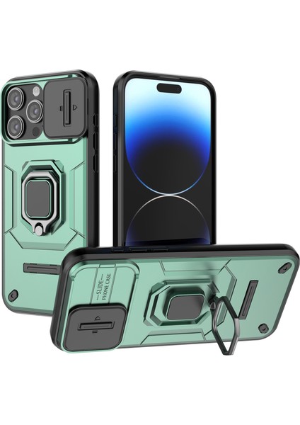 iPhone 14 Pro Için Çizilmez Kabuk, Pc+Tpu Telefon Kılıfı Sürgülü Lens Koruması Destek Ayağı Arka Kapak-Yeşil (Yurt Dışından)