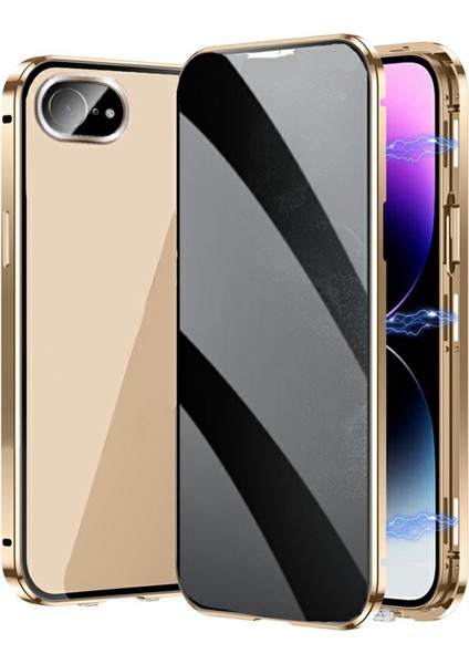iPhone 16E Kılıf Anti-Casus Çift Taraflı Temperli Cam + Manyetik Metal Çerçeve Telefon Kılıfı-Altın (Yurt Dışından)