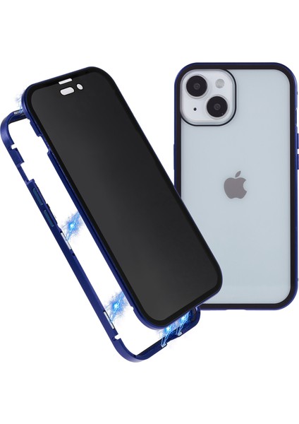 iPhone 15 Manyetik Kapak Metal Çerçeve + Çift Taraflı Temperli Cam Anti-Peep Telefon Kılıfı - Koyu Mavi (Yurt Dışından)