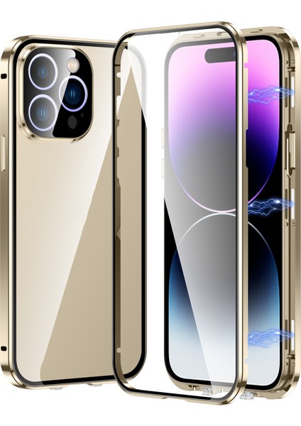 iPhone 16 Pro Max Kılıf Manyetik Adsorpsiyon Çift Taraflı Temperli Cam + Metal Telefon Kılıfı Tokalı - Altın (Yurt Dışından)