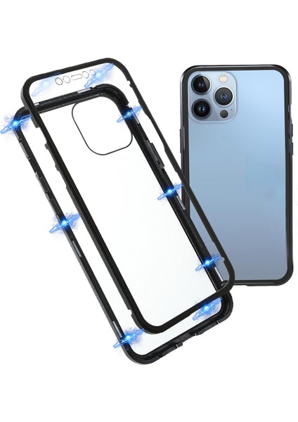 iPhone 13 Pro 6.1 Inç Metal Tampon + Çift Taraflı Temperli Cam Telefon Kılıfı Anti-Peep Manyetik Koruyucu Kapak - Siyah (Yurt Dışından)