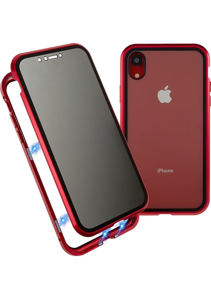 iPhone Xr 6.1 Inç Gizlilik Manyetik Kılıf Gözetleme Önleyici Çift Taraflı Temperli Cam + Metal Tampon Çerçeve Tam Koruyucu Telefon Kılıfı-Kırmızı (Yurt Dışından)