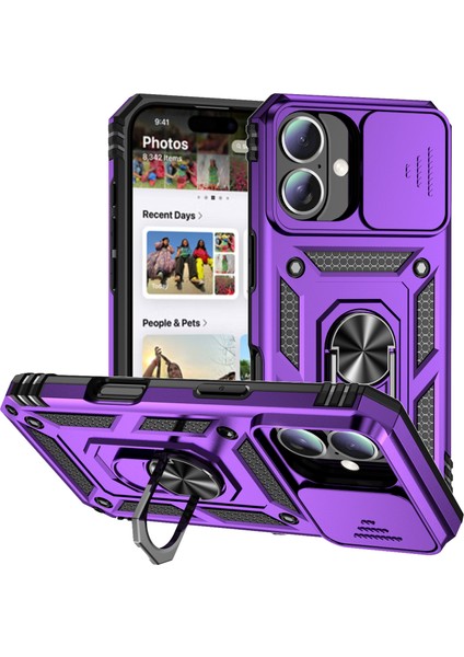 iPhone 16 Plus Kılıf Halkalı Kickstand Pc+Tpu Telefon Koruyucu Sürgülü Kamera Kapağı-Mor (Yurt Dışından)