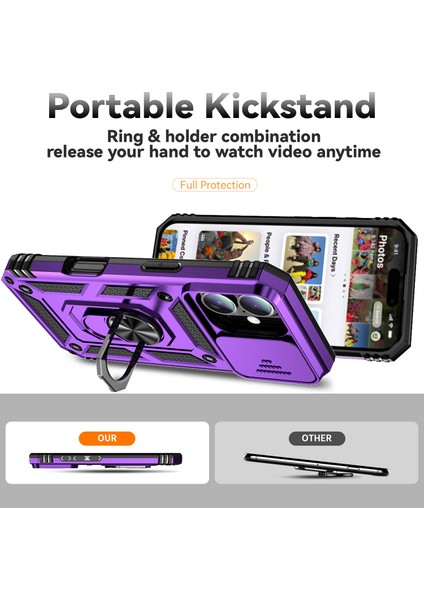 iPhone 16 Plus Kılıf Halkalı Kickstand Pc+Tpu Telefon Koruyucu Sürgülü Kamera Kapağı-Mor (Yurt Dışından) modelleri