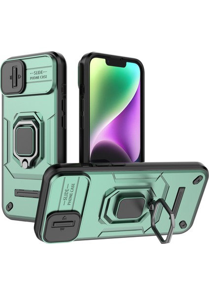 iPhone 15 Pc+Tpu Darbeye Dayanıklı Telefon Kılıfı Sürgülü Lens Koruması Ayaklık Kapağı-Yeşil (Yurt Dışından)