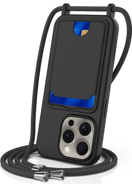 iPhone 12 Pro Max Sıvı Silikon Kılıf Kart Tutucu Çapraz Askılı Telefon Kılıfı-Siyah (Yurt Dışından)