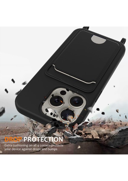 iPhone 12 Pro Max Sıvı Silikon Kılıf Kart Tutucu Çapraz Askılı Telefon Kılıfı-Siyah (Yurt Dışından) fırsatları