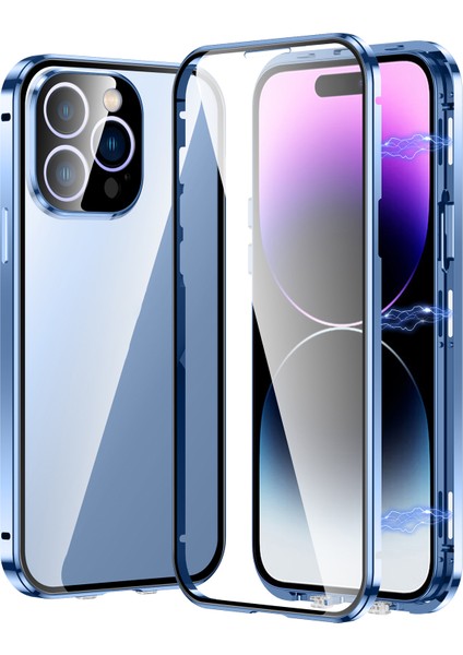 iPhone 16 Pro Max Kılıf Manyetik Adsorpsiyon Çift Taraflı Temperli Cam + Metal Telefon Kılıfı Tokalı - Mavi (Yurt Dışından)