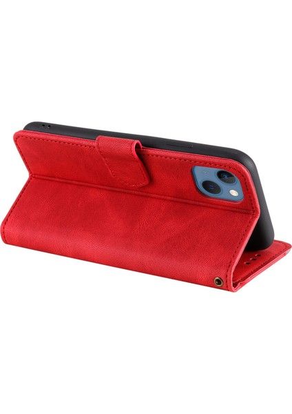 iPhone 14 Plus Için Ekleme Dikişi Cilt Dokunuşlu Folio Flip Kılıf Standı Pu Deri Düşmeye Dayanıklı Cep Telefonu Kılıfı-Kırmızı (Yurt Dışından) fırsatları