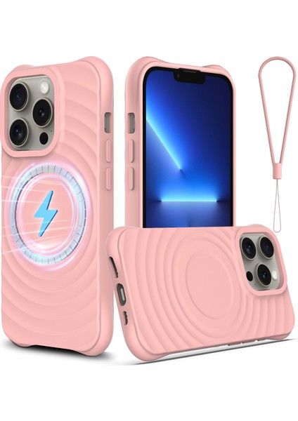 iPhone 13 Pro Kılıfı Için Magsafe Dalgalı Doku Sıvı Silikon Telefon Kılıfı ile Uyumlu-Pembe (Yurt Dışından)