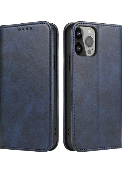 iPhone 14 Pro Max Toz Geçirmez Telefon Kılıfı Cüzdan Manyetik Deri Stand Dana Doku Telefon Kılıfı-Mavi (Yurt Dışından)