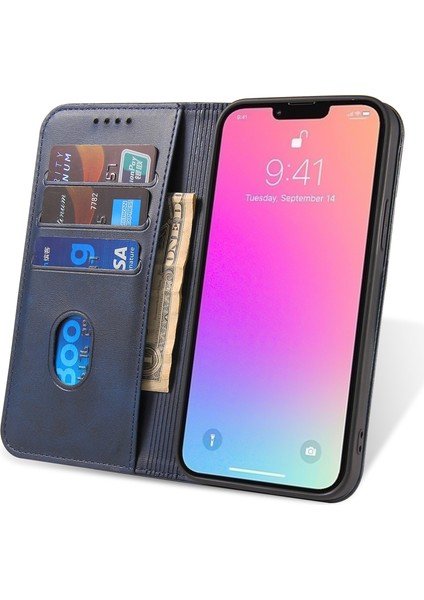 iPhone 14 Pro Max Toz Geçirmez Telefon Kılıfı Cüzdan Manyetik Deri Stand Dana Doku Telefon Kılıfı-Mavi (Yurt Dışından) modelleri