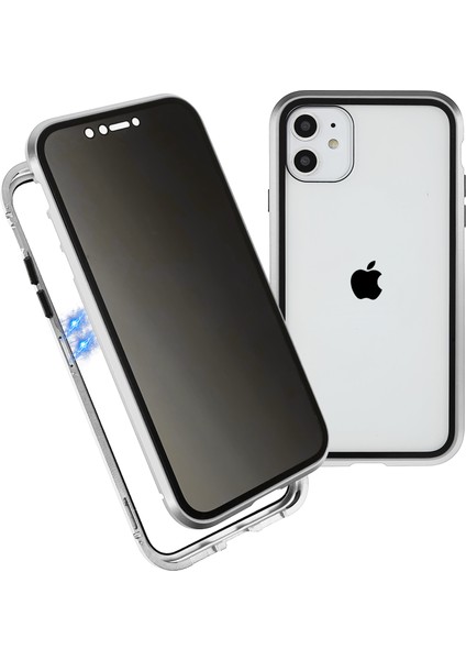 iPhone 11 6.1 Inç Için Gözetleme Önleyici Manyetik Kılıf Çift Taraflı Temperli Cam + Mıknatıs Emici Metal Tampon Çerçeve Tam Gövde Koruma Kılıfı-Gümüş (Yurt Dışından)
