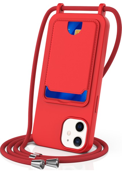 iPhone 12 Kılıf Çapraz Askılı Sıvı Silikon Telefon Kılıfı Kart Yuvalı-Kırmızı (Yurt Dışından)