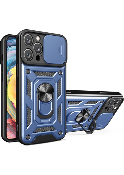 iPhone 14 Pro Max 6.7 Inç Parmak Izi Önleyici Telefon Kabuğu Sürgülü Kamera Koruma Pc+Tpu Halka Ayaklık Çizilmez Telefon Kılıfı-Mavi (Yurt Dışından)