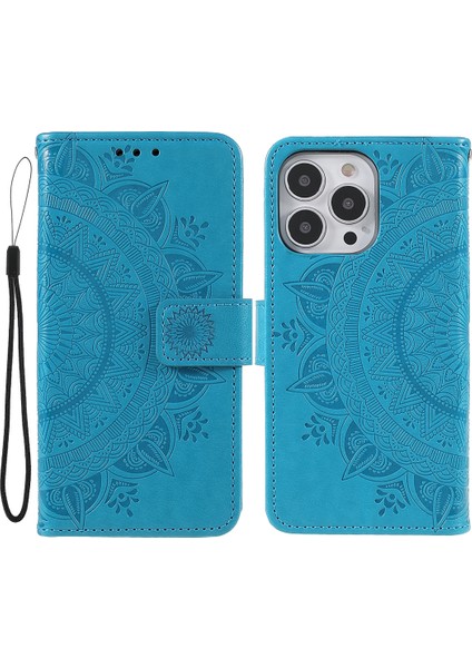 Çizilmeye Karşı Dayanıklı Baskılı Mandala Totem Desen Deri Cüzdan Kapaklı Koruyucu Kılıf Kılıfı Kayışlı iPhone 13 Pro Max 6.7 Inç-Mavi (Yurt Dışından)
